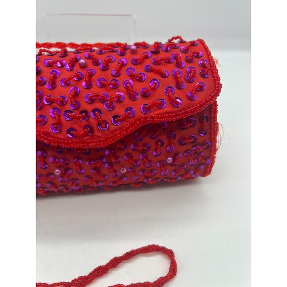 Evening Formal Wedding Red Purple Sequin Barrel Snap Purse Red Hat Ladies - Picture 3 of 9